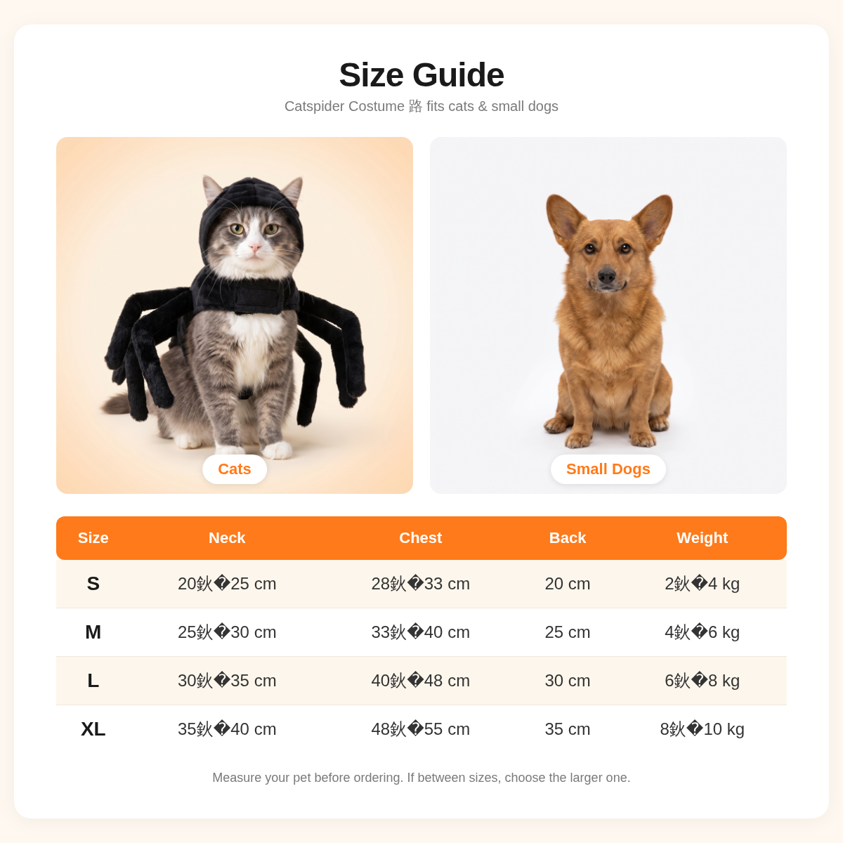Catspider Costume size chart for cats and small dogs