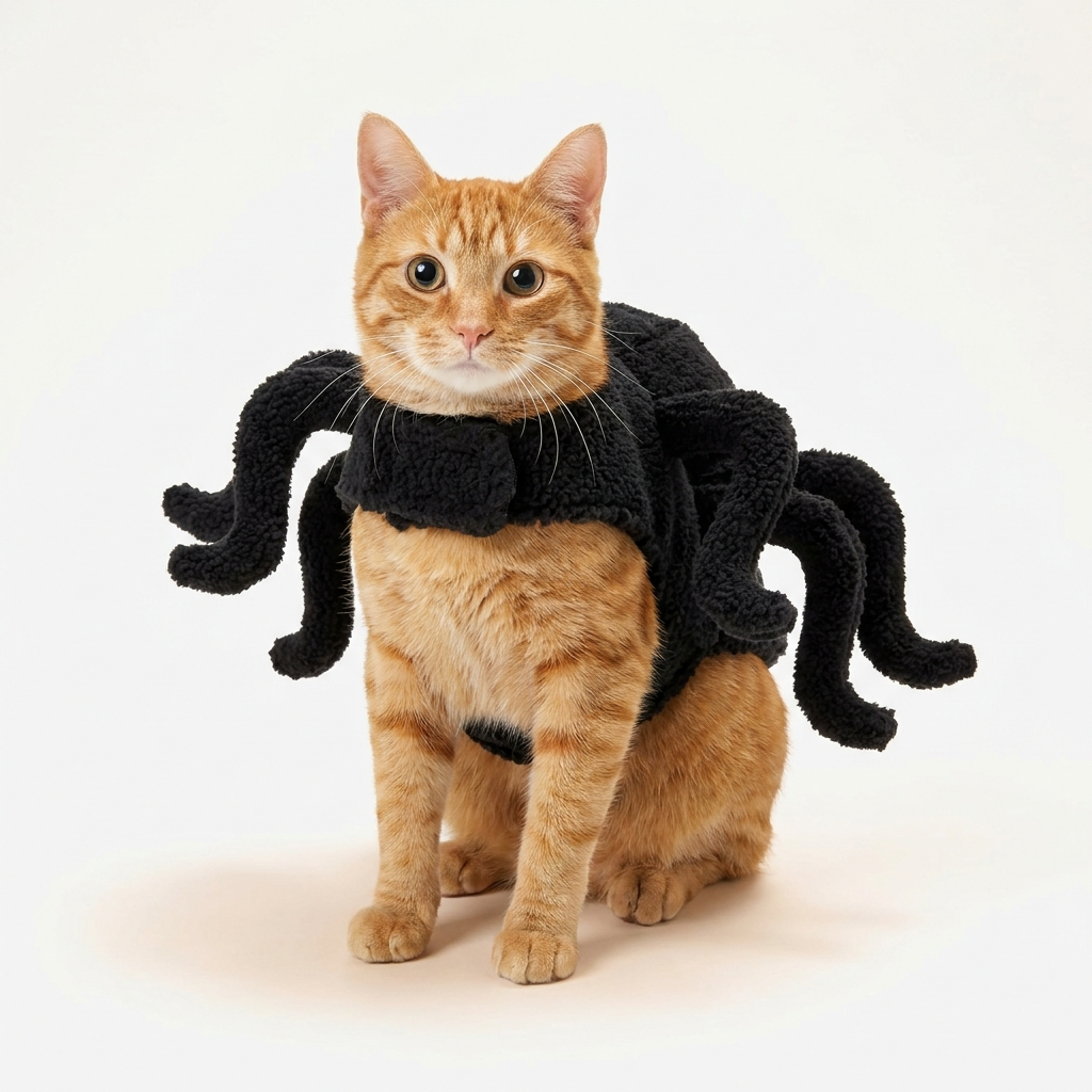 Orange tabby cat wearing the Catspider Halloween spider costume — front view