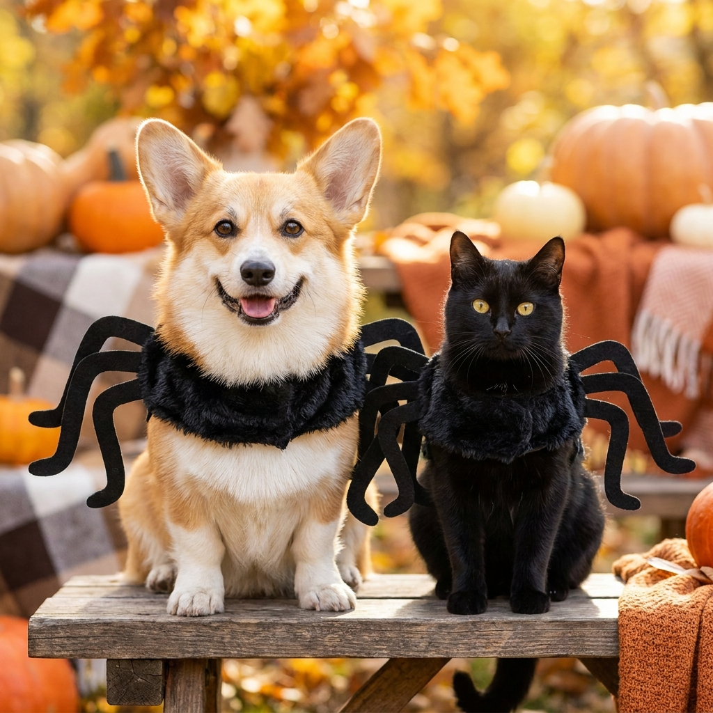 Matching Catspider Halloween costume on cat and dog together — perfect for Halloween photos